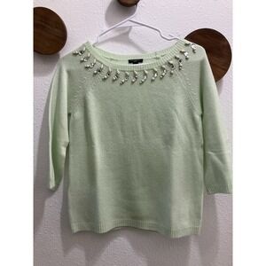 Ann Taylor Sweater Small Petite Embellished Neckline Green